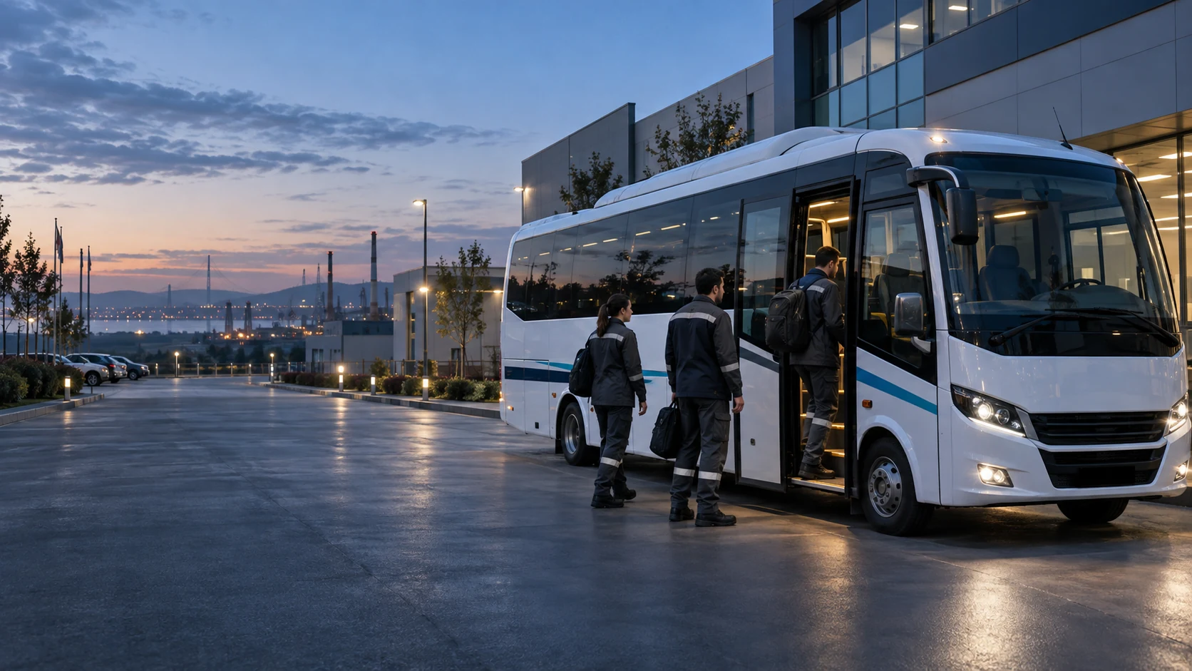 Bir fabrika yerleşkesinde çalışanlarını alan modern servis aracı